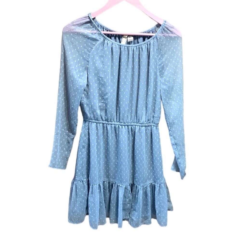 H&M Divided | Women’s Blue Sheer Swiss Dot Long Sleeve Ruffle Mini Dress Size 6